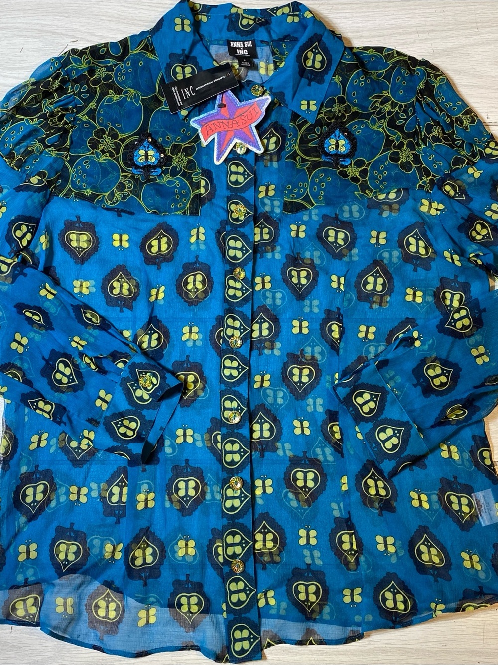 Anna Sui x INC Sheer Silk Print Western Style Blouse Size Large NEW!